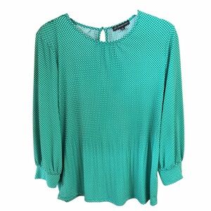 Adrianna Papell Classic Kelly Green Polka Dot Blouse Womens M 3/4 Sleeve Stretch